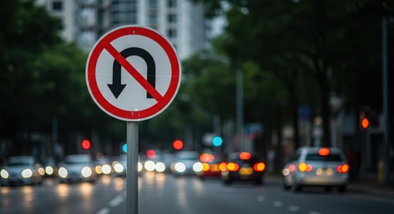 No U-turn Traffic Sign on City Street with Cars