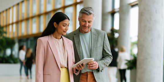 Business professionals reviewing a tablet in a bright atrium with glass walls for corporate teamwork