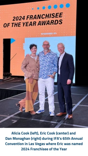 Alicia Cook (left), Eric Cook (center) and Dan Monaghan (right) during IFA’s 65th Annual Convention in Las Vegas where Eric was named 2024 Franchisee of the Year
