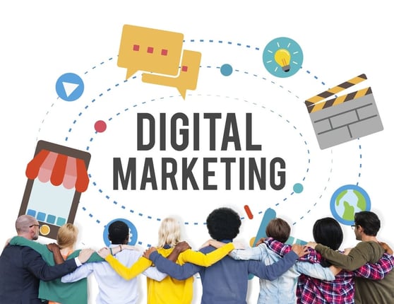 Graphic of people holding shoulders with Digital Marketing written in the foreground