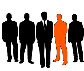 Black outlines of business people, with one outline in red