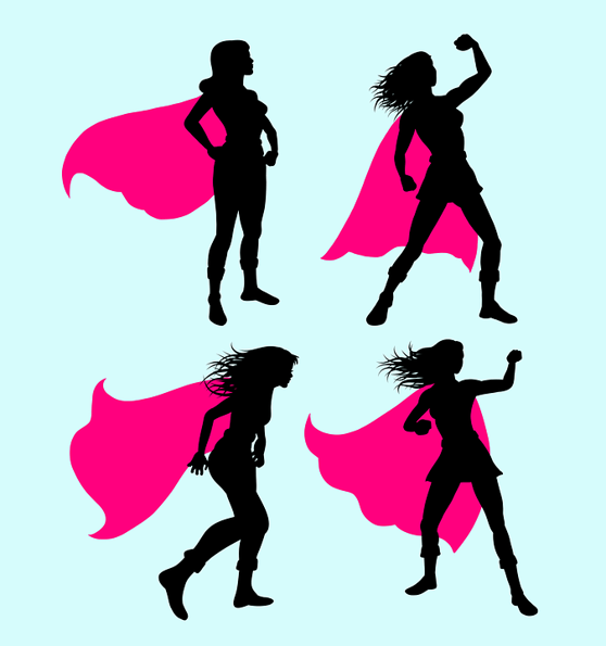 Black outlines of women with hot pink capes